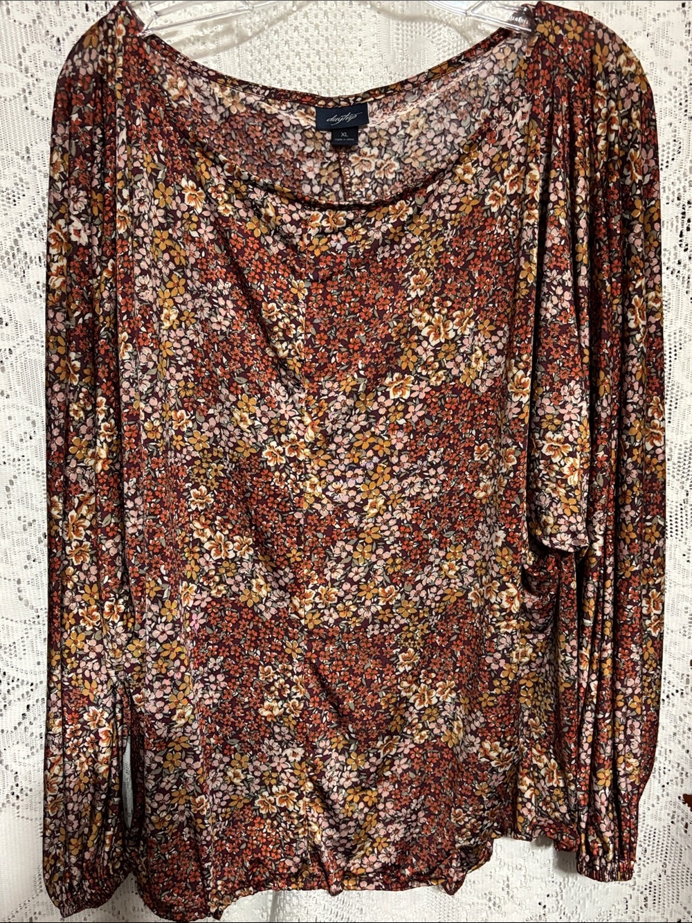 Daytrip Rust Multi Floral Long-Sleeve Scoop Boat Neck Top